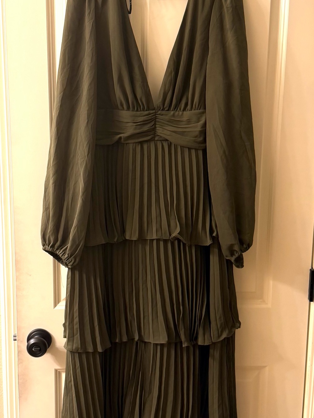 Lulu's Olive Green Deep V Pleated Maxi Dress
